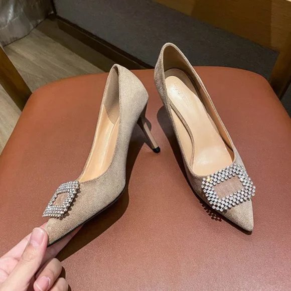 New velvet fine heel rhinestone cubes with pointed shallow mouth shoes - Picture 2 of 5